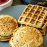 plantain pancakes and plantain waffles on a serving plate