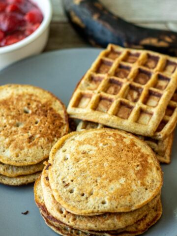 plantain pancakes and plantain waffles on a serving plate