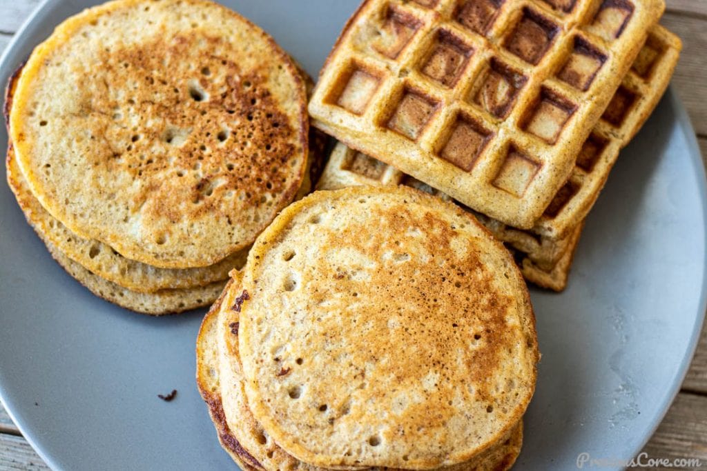 Pancakes and waffles on a platter