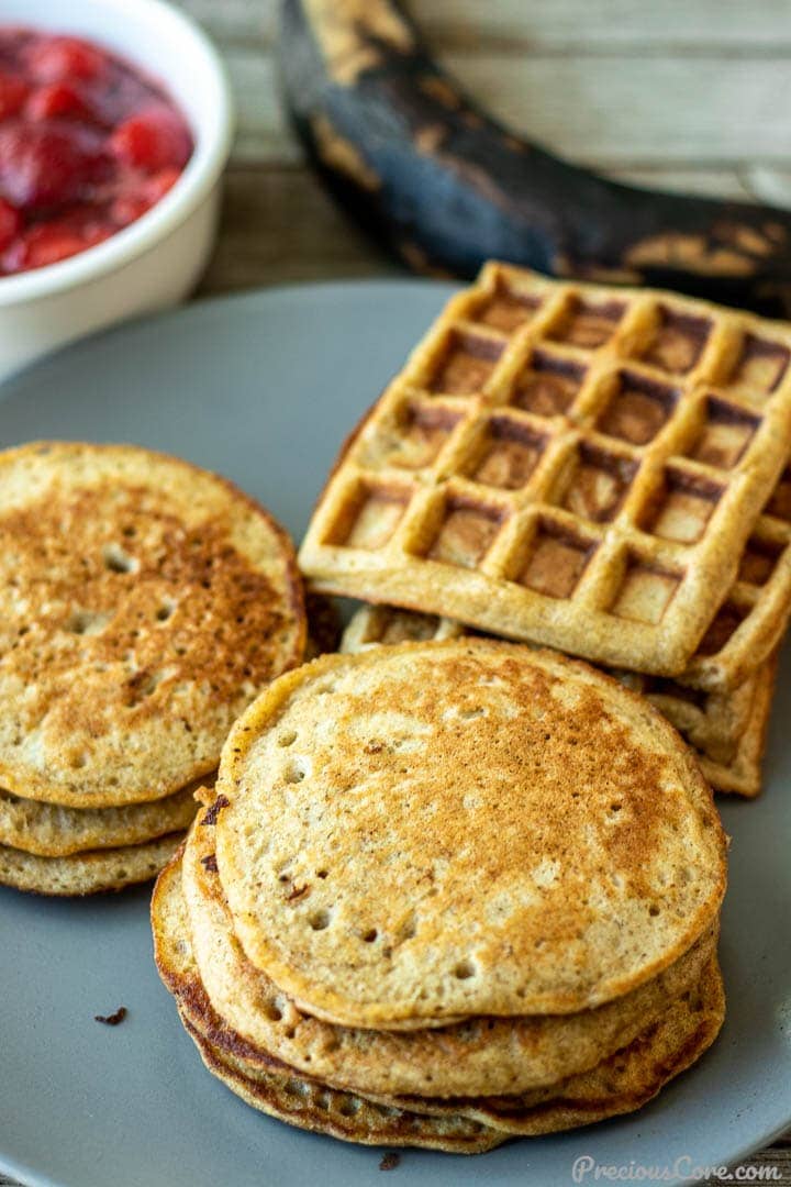 Plantain pancakes and plantain waffles on a serving plate.