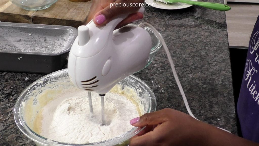 Flour in mixing bowl added to other ingredients