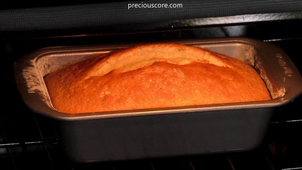 Process shot of pound cake baking in oven