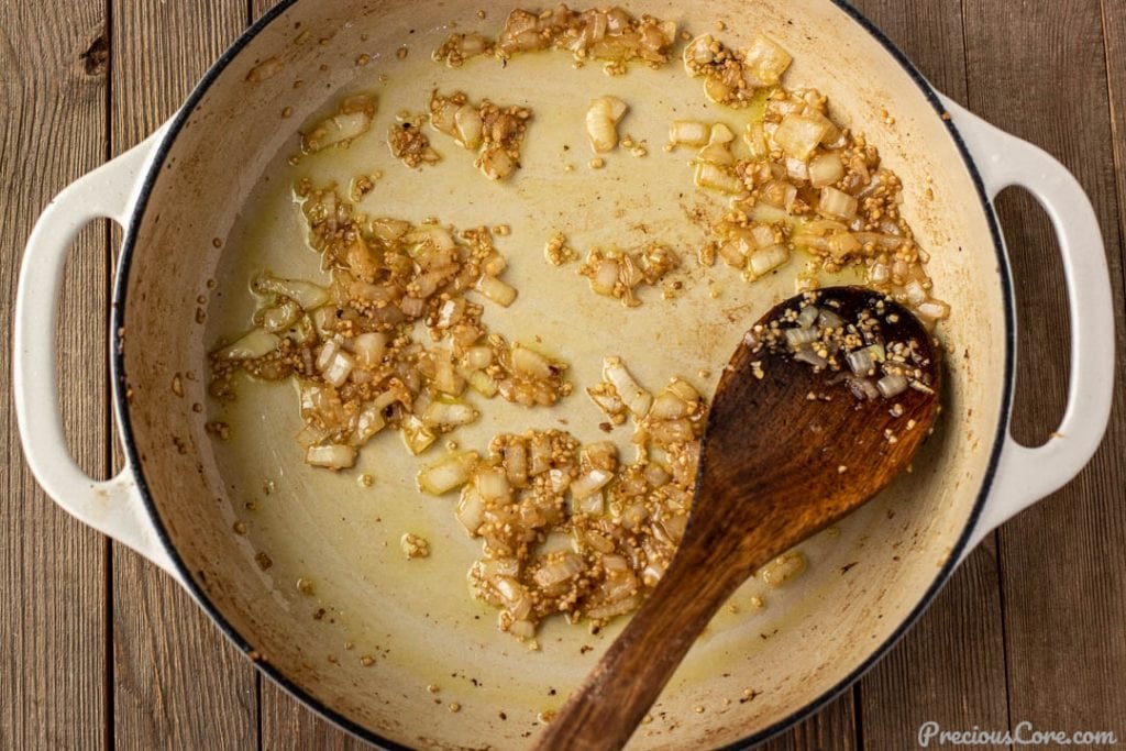 Garlic and onions sauteed in pot