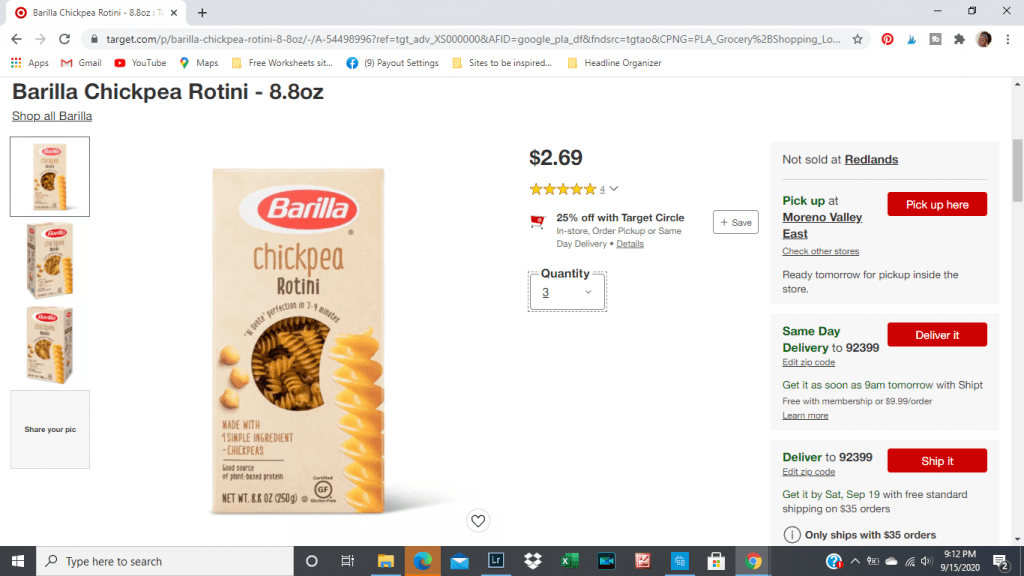 Screenshot of Barilla Pasta for purchase on website