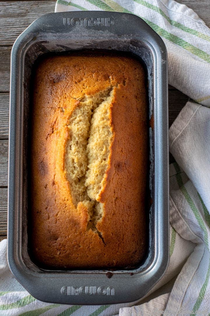 Baked vanilla pound cake in loaf pan