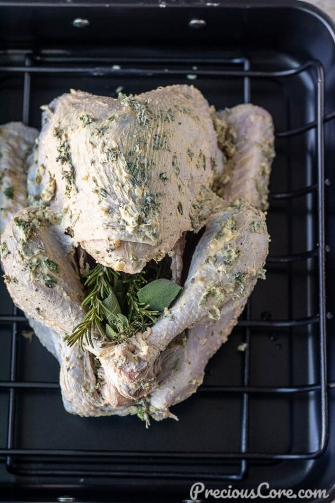 Turey rubbed with garlic herb butter