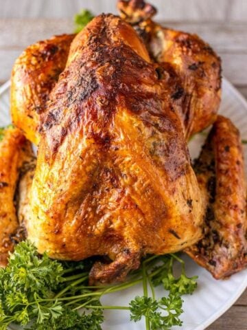 Whole turkey on white platter, garnished with parsley