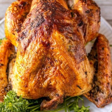 Whole turkey on white platter, garnished with parsley
