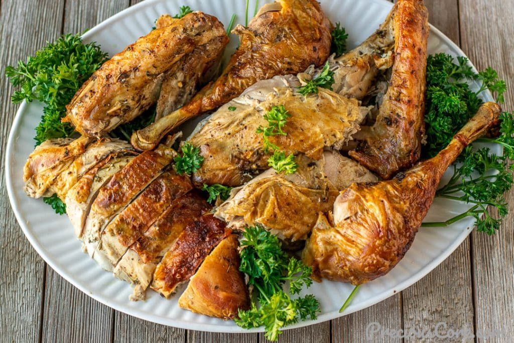 Landscape image of carved turkey on platter