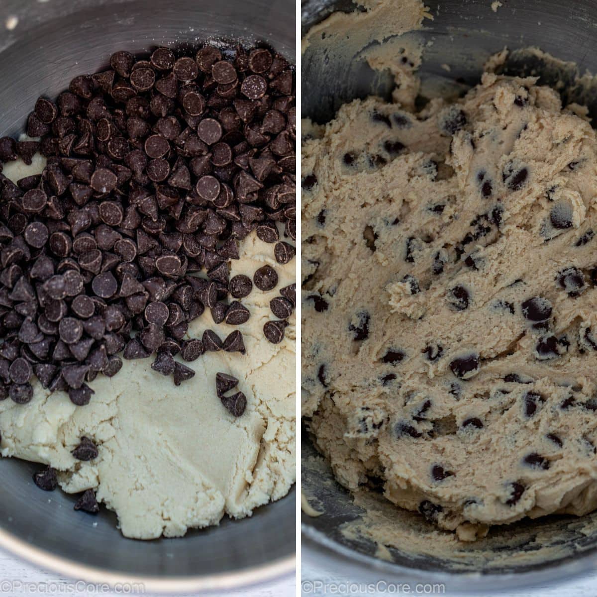 Collage of chocolate chips added to dough and cookie dough. 