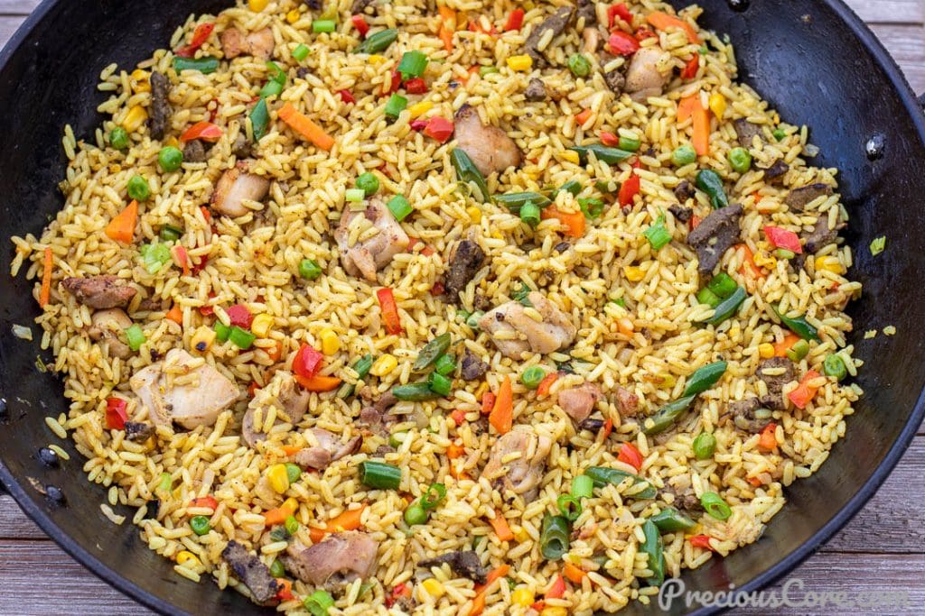 Wok of fried rice with chicken and liver