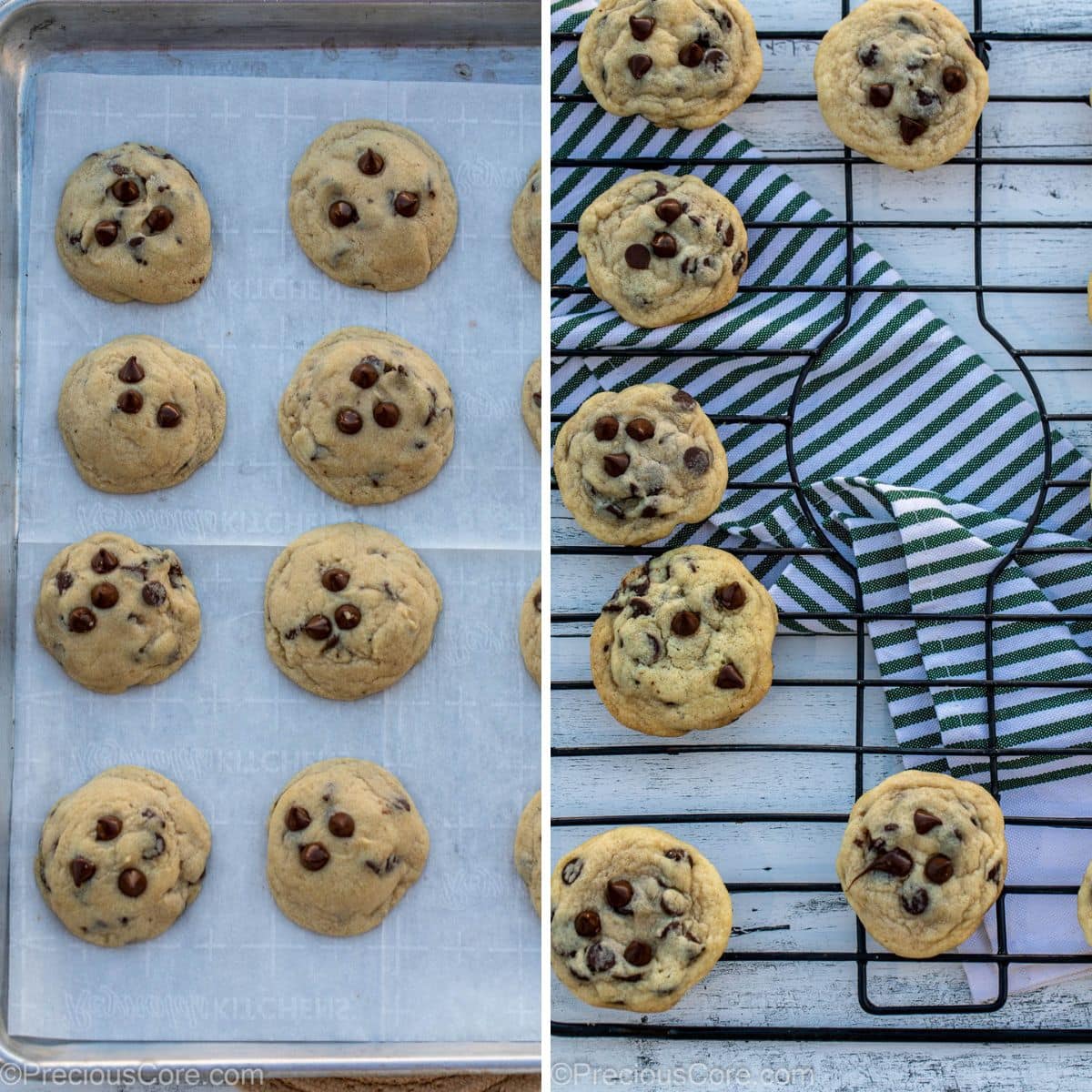Collage of baked cookies on baking sheet and on cooling rack.