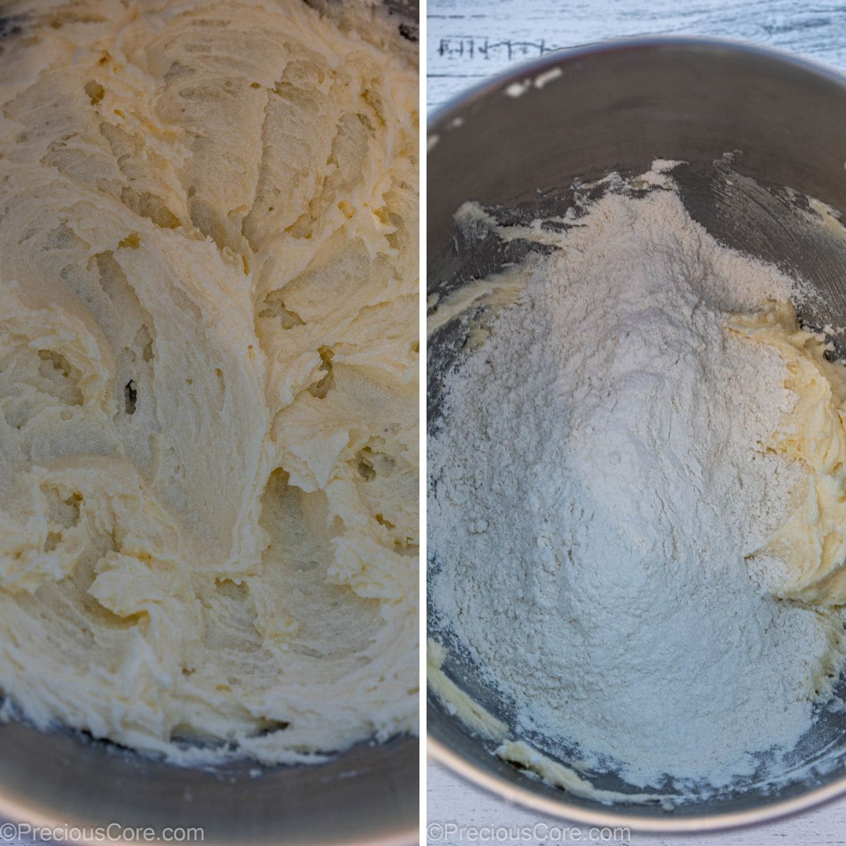 Collage of creamed butter and sugar, and adding flour for cookie dough.