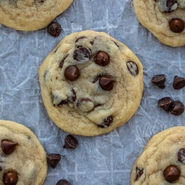 Close up on a chocolate chip cookie.