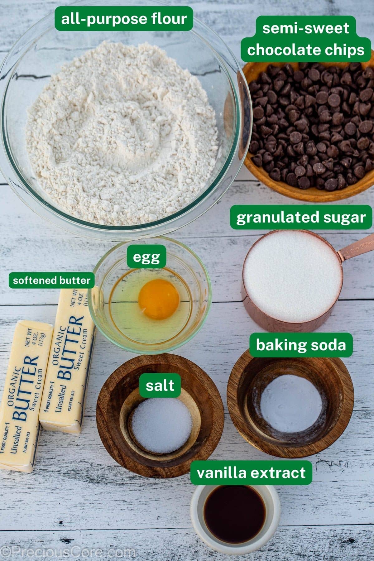 Ingredients for chocolate chip cookies, with labels.