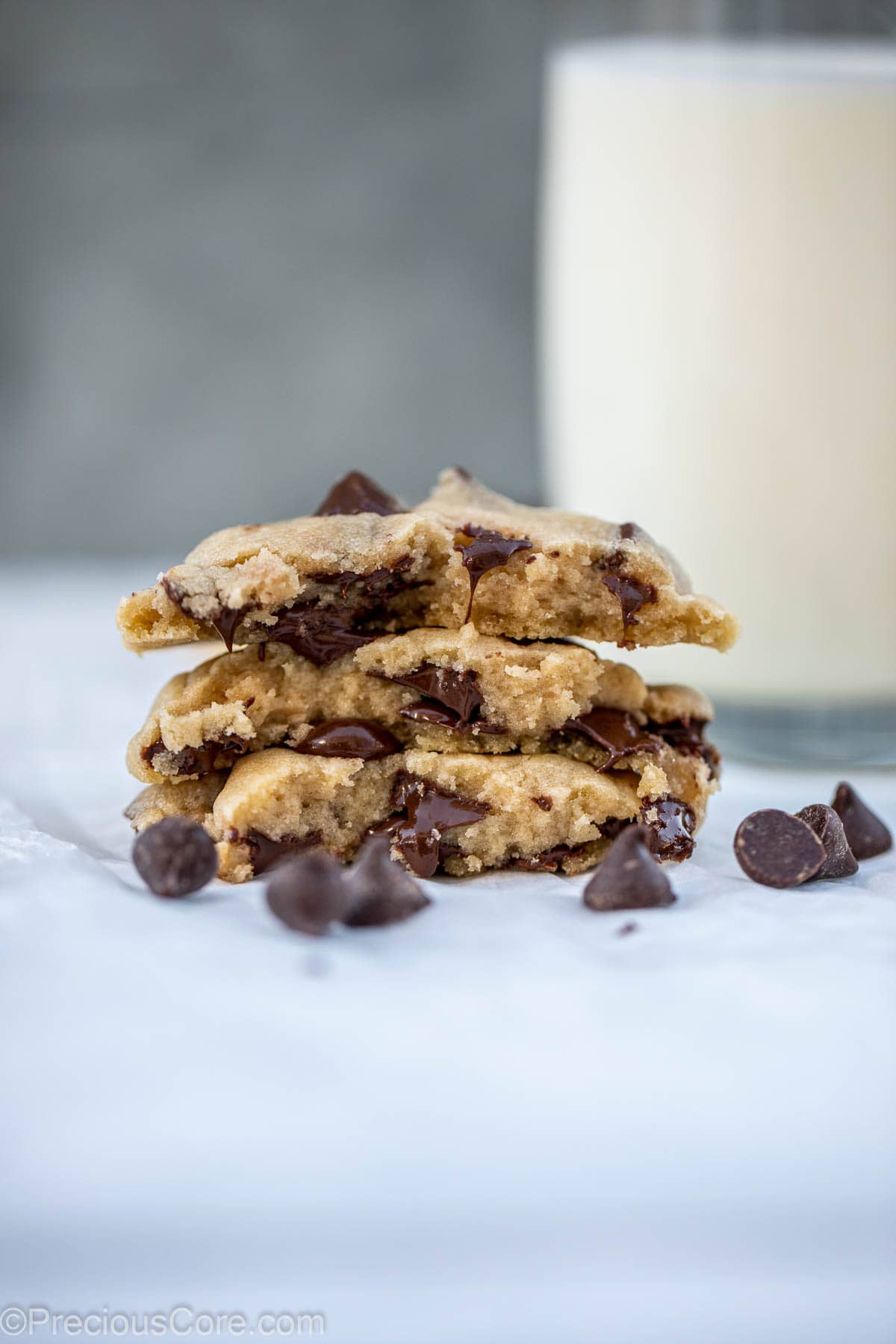 Stack of chocolate chip halves showing chocolatey inside.