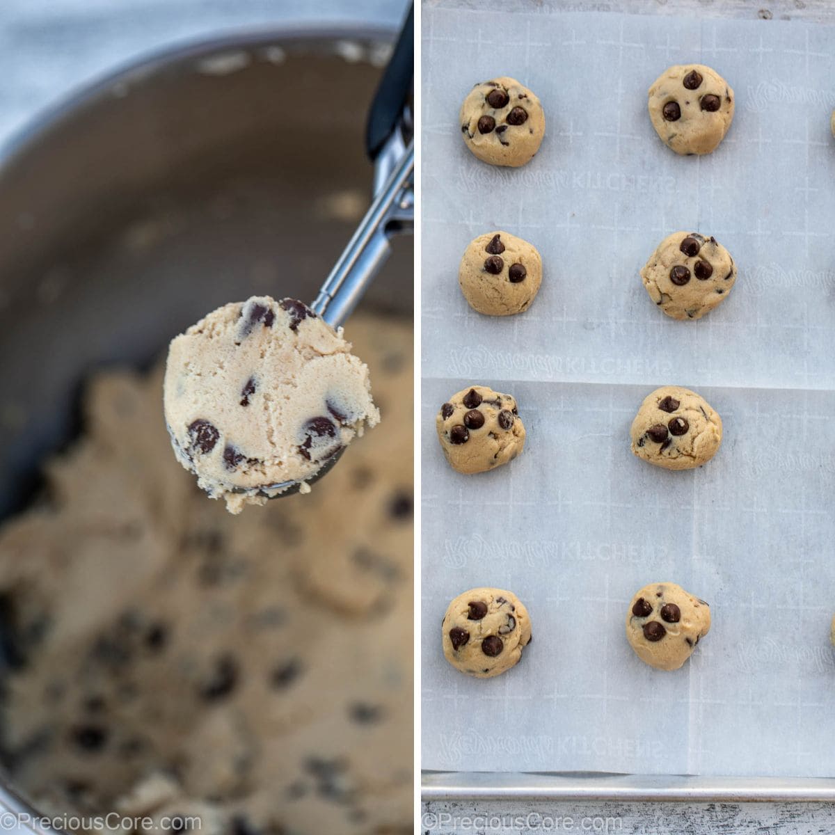 Scooping cookie dough and cookie dough on tray collage.