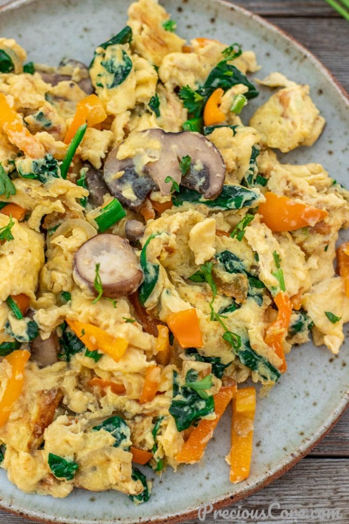 Closer shot of scrambled eggs with vegetables
