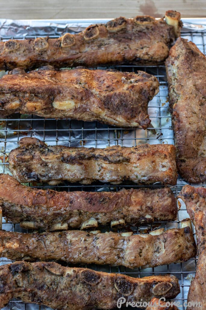 Broiled ribs on a baking rack