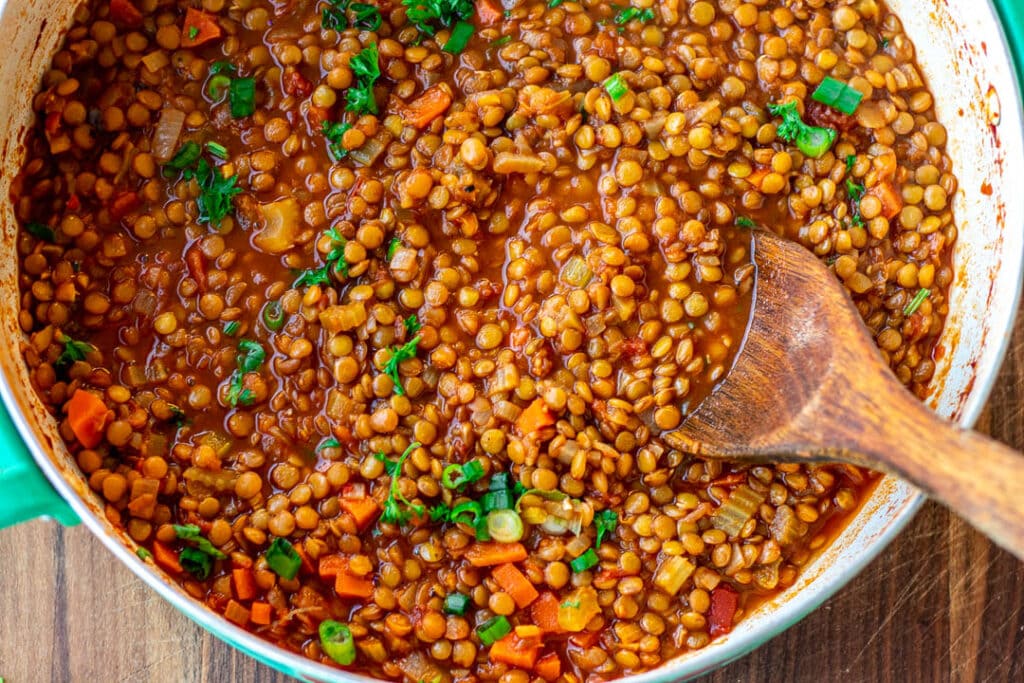 Landscape photo of garnished Lentil Stew