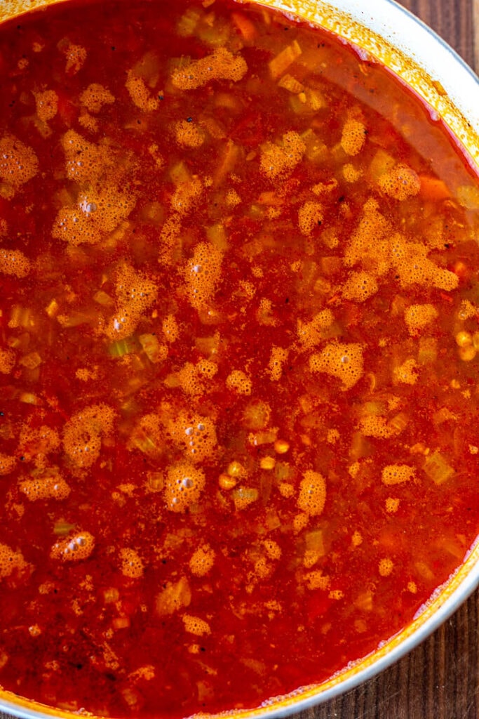 Pot with all ingredients for Lentil Stew