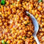 Spoon digging into a bowl of Lentil Stew