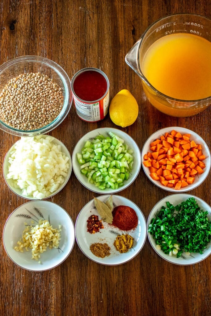Ingredients for Lentil Stew on a table
