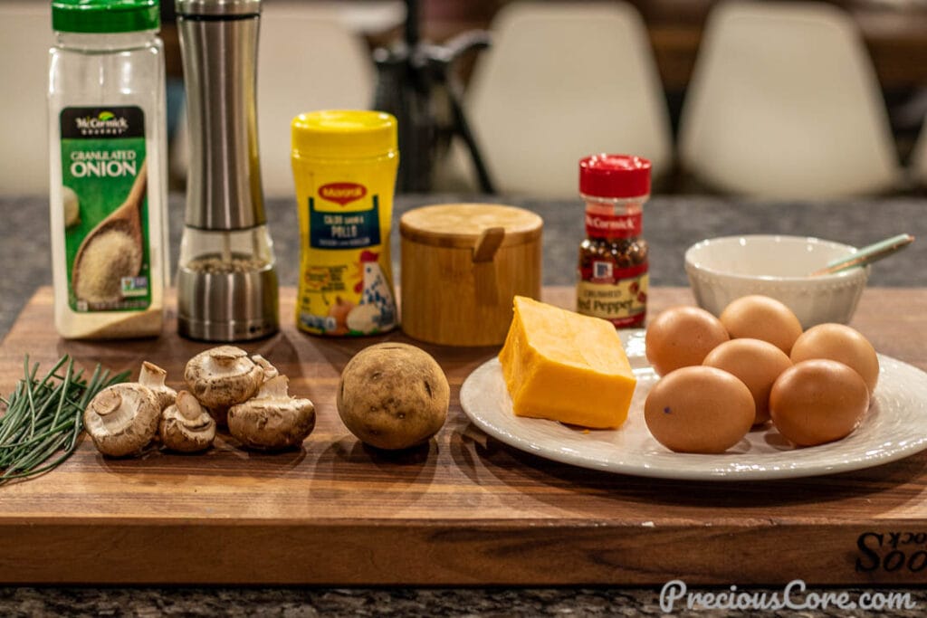Ingredients for Potato Frittata on Chopping Board
