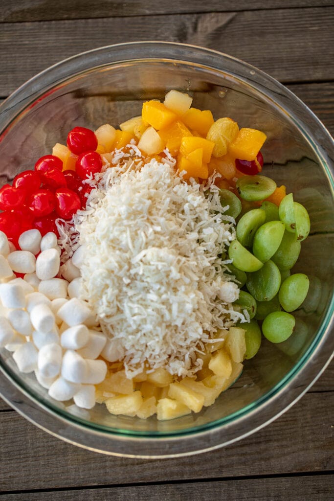 my favorite ambrosia salad ingredients in a bowl