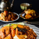 Senegalese dinner on serving platter: rice, fish and vegetables