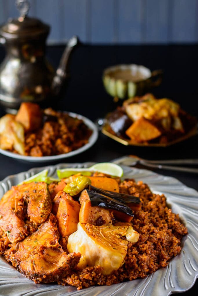 Senegalese dinner on serving platter: rice, fish and vegetables