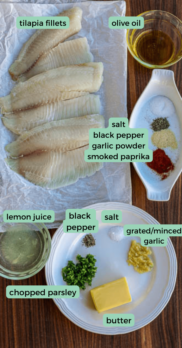 Ingredients for tilapia with lemon butter on table