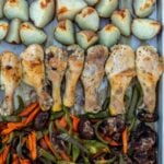 Roasted chicken, potatoes and veggies on a sheet pan