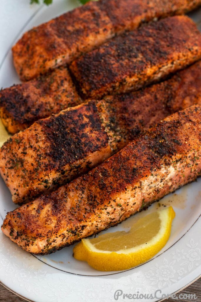 Close up shot of pan grilled salmon