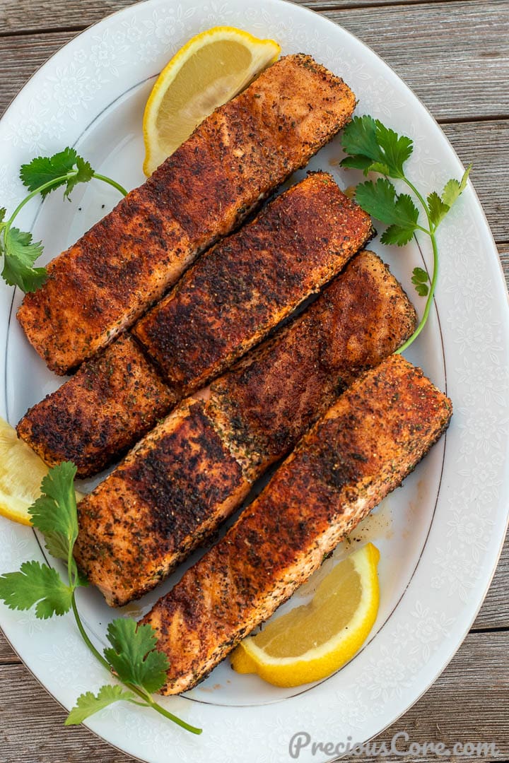 Pan Grilled Salmon fillets on platter