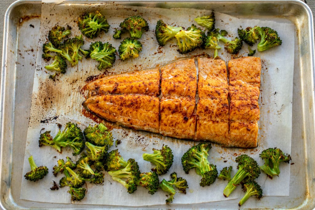 landscape photo of baked salmon and broccoli