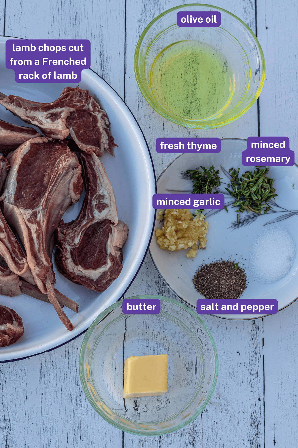 Labeled ingredients for pan seared lamb chops.