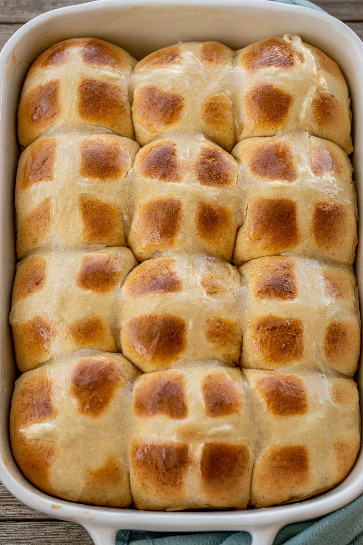 Big pan of Easter hot cross buns