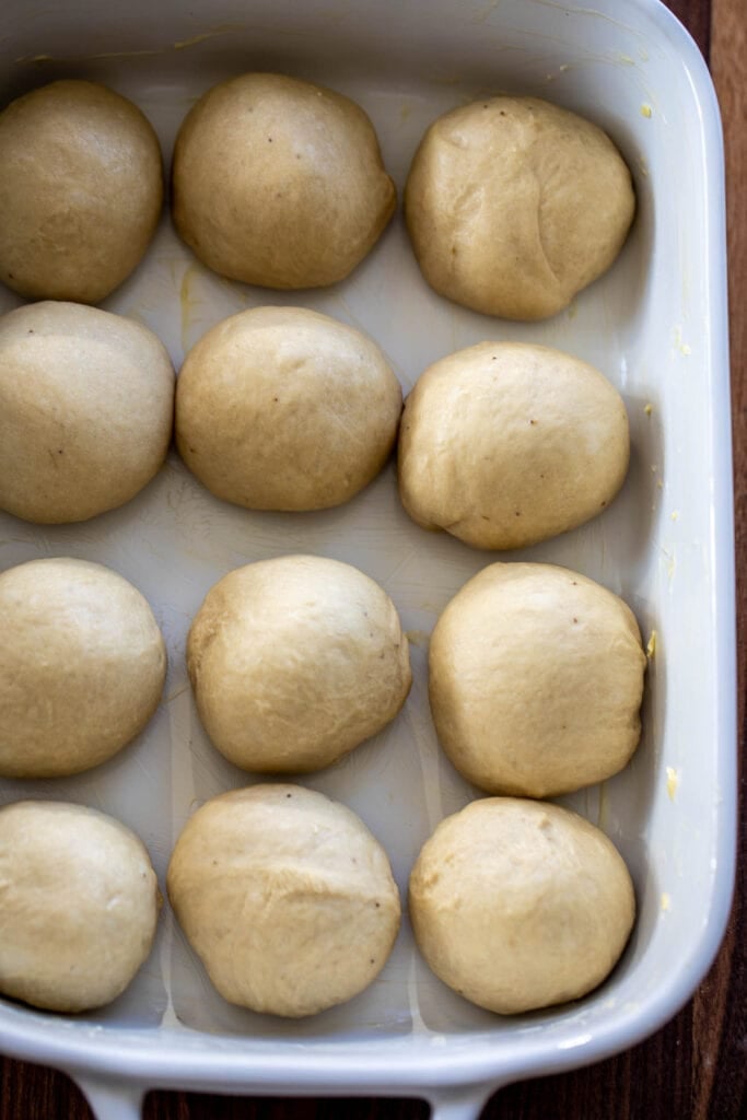 Bread Rolls formed into a ball and placed in a baking dish