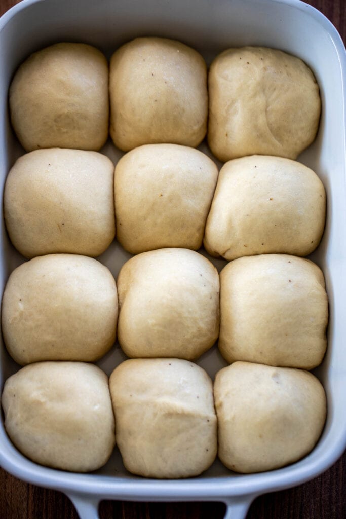 Pan filled with risen rolls