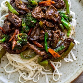 Beef stir fry over noodles