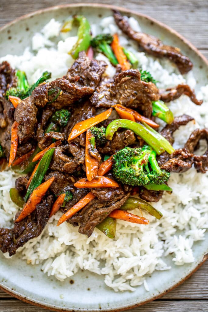 Plate of Beef Stir Fry With Rice