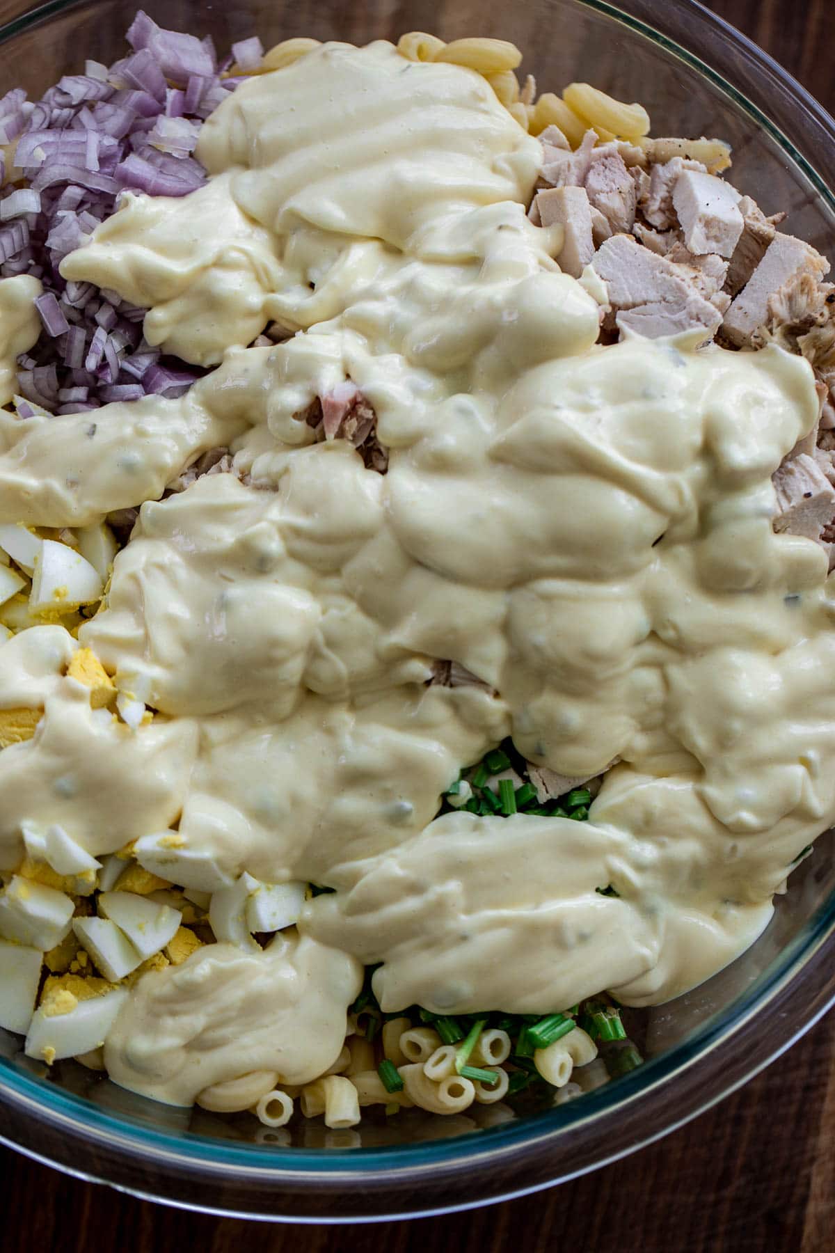 Creamy dressing over salad ingredients