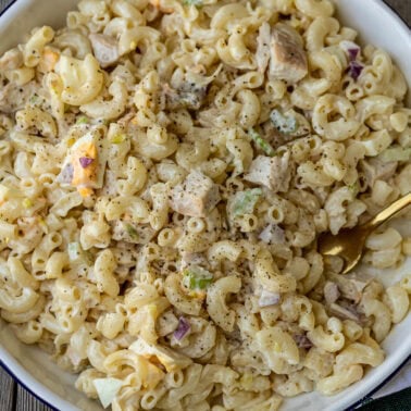 Square image of chicken macaroni salad.
