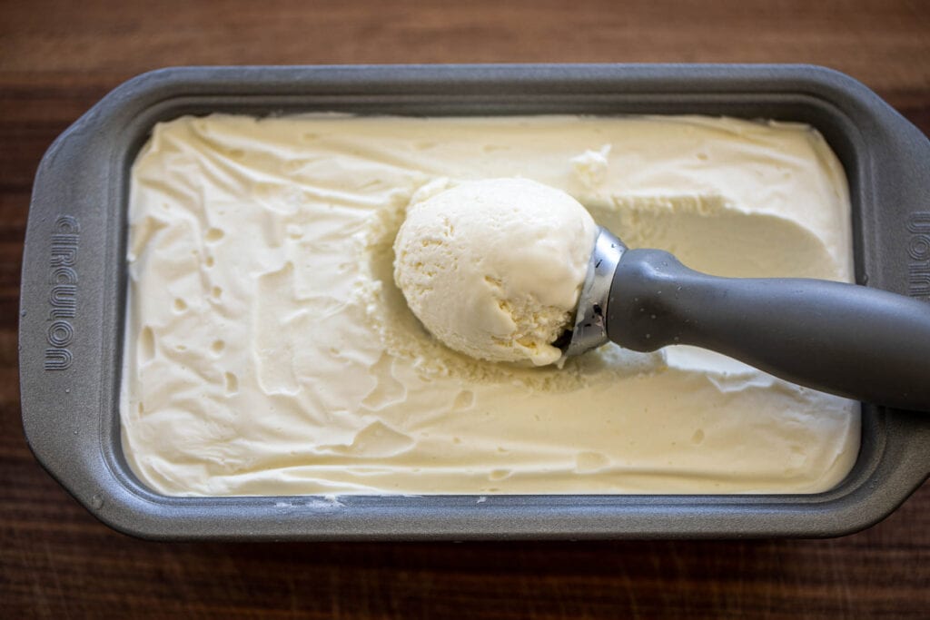 No churn coconut ice cream in a loaf pan