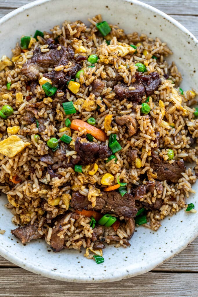 bowl of steak fried rice