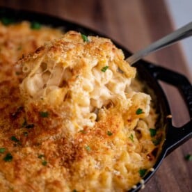 Spoon lifting up creamy mac and cheese from a bowl