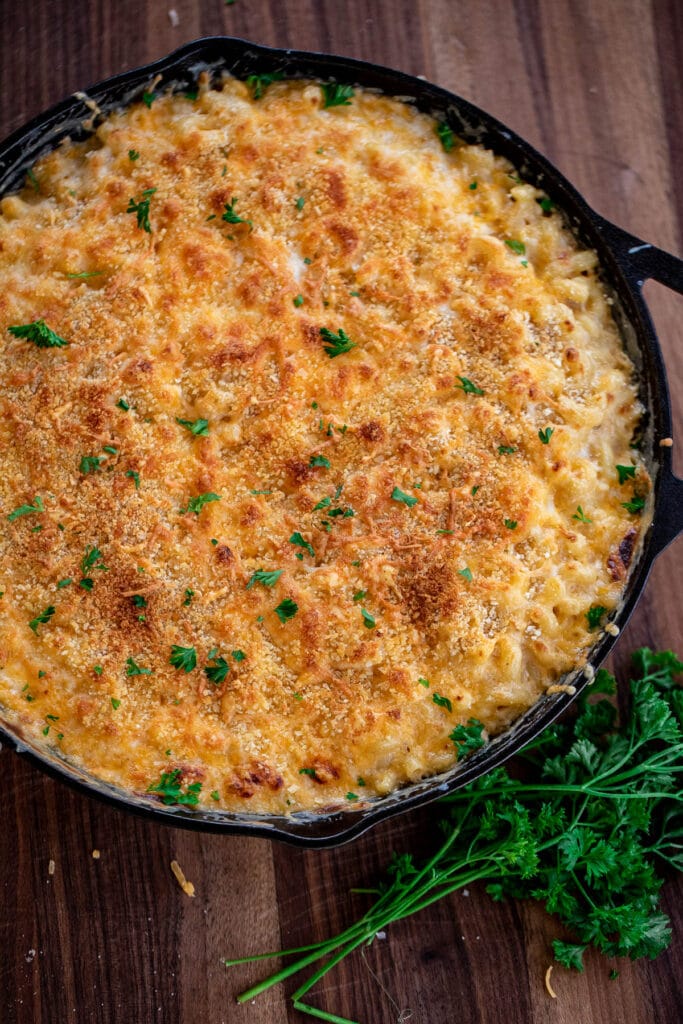 3 Cheese Mac and Cheese Garnished with fresh parsley