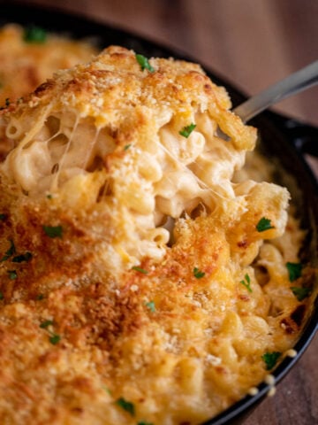 Square image of homemade mac and cheese.