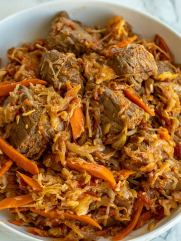 A square image of cabbage and beef stew